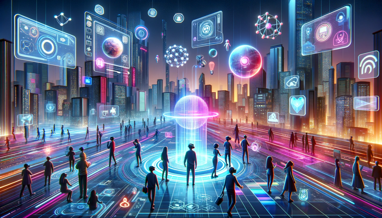 Das Bild zeigt eine futuristische digitale Landschaft, die den Metaversum repräsentiert, mit Elementen der virtuellen Realität, holographischen Schnittstellen und Menschen, die VR-Headsets in einer hochmodernen Stadtumgebung tragen. Leuchtende Neonlinien durchziehen den Boden und verbinden die Menschen mit verschiedenen interaktiven Displays, die über den Köpfen schweben und Symbole für Kommunikation, soziale Medien und Technologie anzeigen. Die Stadt im Hintergrund ist von hohen Wolkenkratzern gesäumt, die in die Nacht glitzern, was eine lebhafte und vernetzte Atmosphäre schafft.
